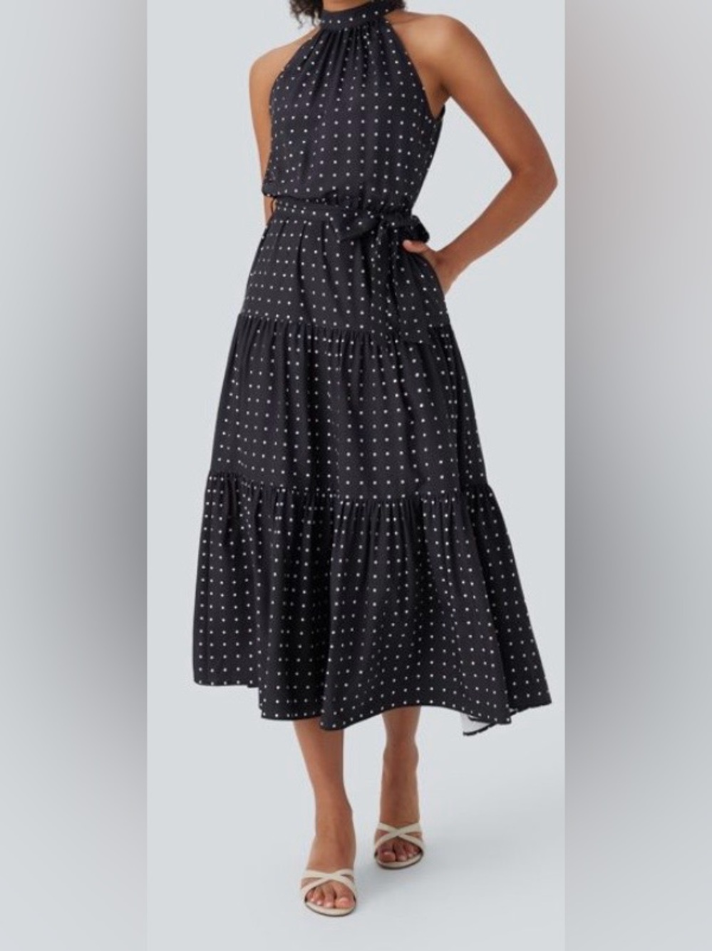 XLARGE. HALARA KEYHOLE POKA DOT TIERED MIDI DRESS